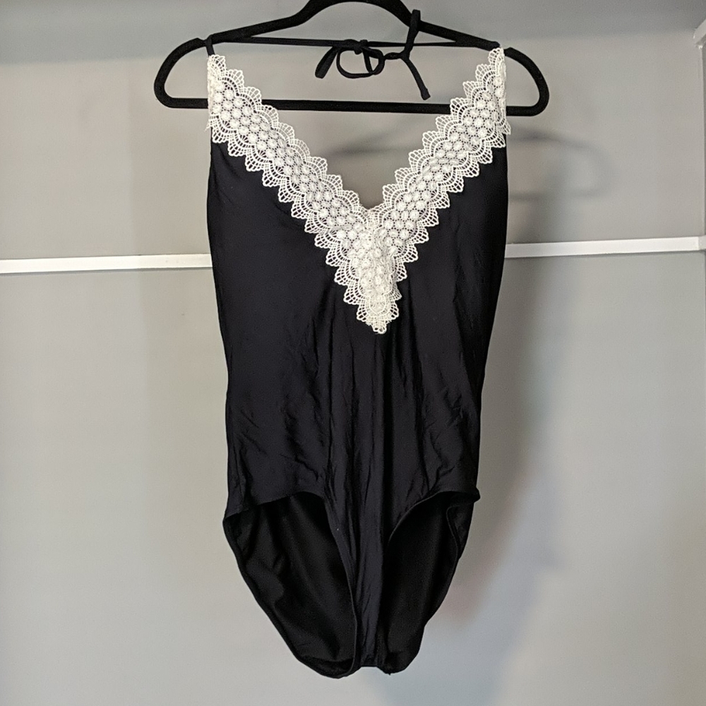 Embroidered halter one piece swimsuit